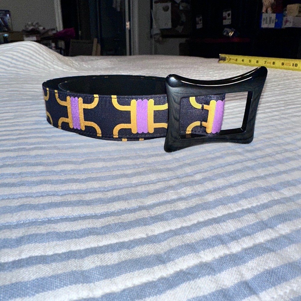 Milly Designer‎ Belt Black Purple Gold Geometric Print Resin Buckle Size Medium